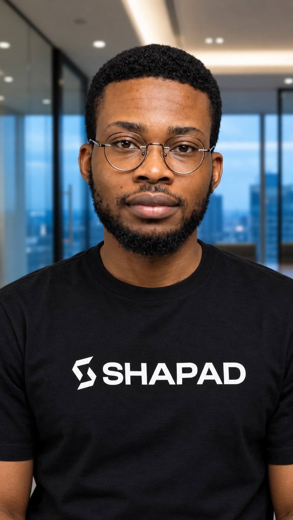 Abdulazeez Haruna, founder of Shapad, in a black SHAPAD t-shirt in the office